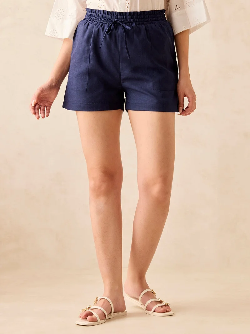 Outzidr  Navy Blue Casual Elastic Waist Pocketed Shorts for Women | Best Price UAE